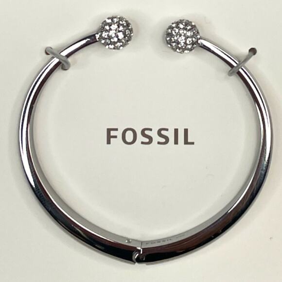 Fossil Ball Glitzy Stainless Steel Rhinestone Cuff Bracelet Silver Tone - Picture 1 of 5